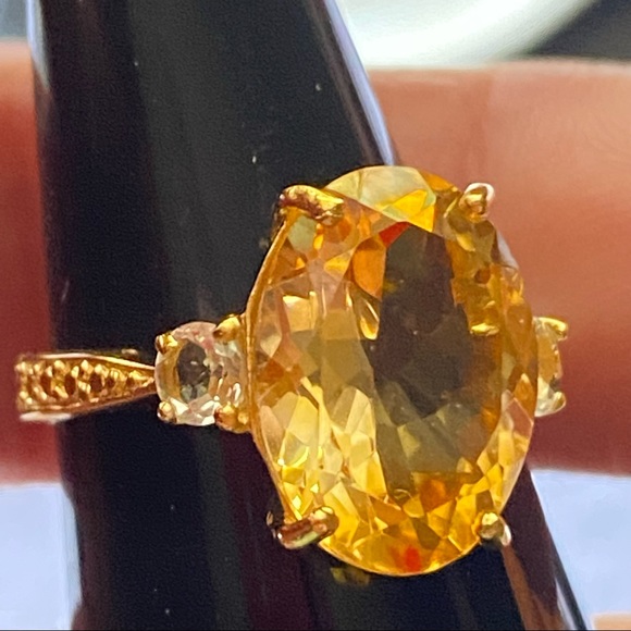 Large Real Citrine Faceted Oval & Topaz Ring Gold over 925 Silver Vermeil Size 7 - Picture 7 of 14